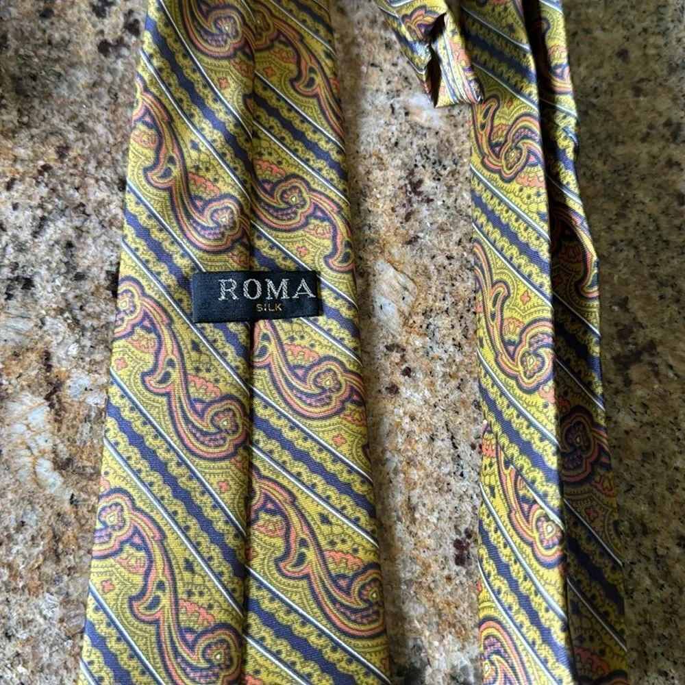 ROMA paisley stripe print silk tie.